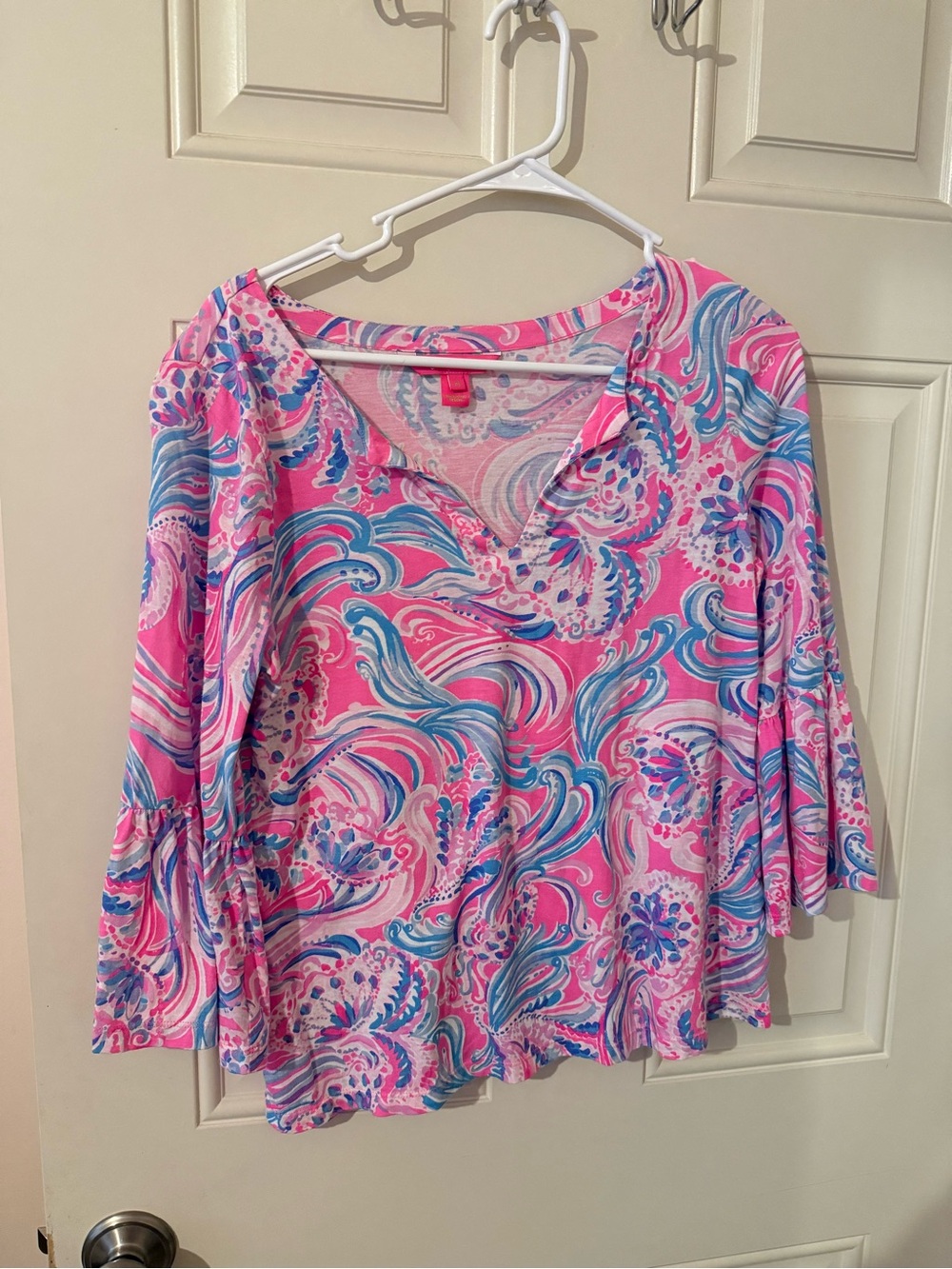 Lilly Pulitzer Pink, Blue & White Swirl V-Neck Bell Sleeve Tunic